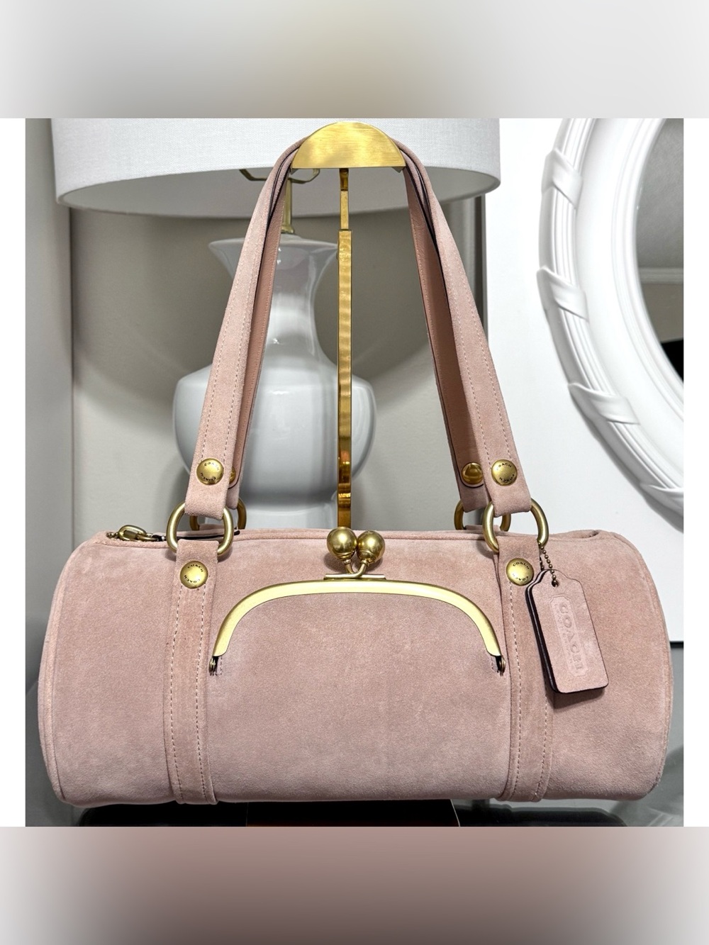 COACH Kisslock Medium Suede Barrel Bag, NUAGE